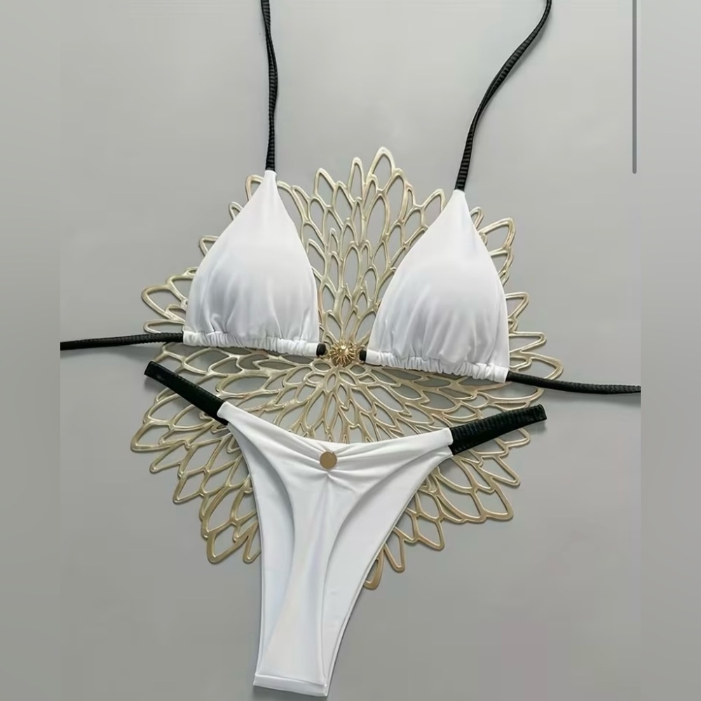 Elegant White Halter Thong Bikini Set